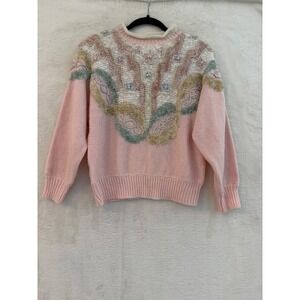 Jaclyn Smith Vintage Pink Knit Sweater Large Floral Faux Pearl Beaded Pullover